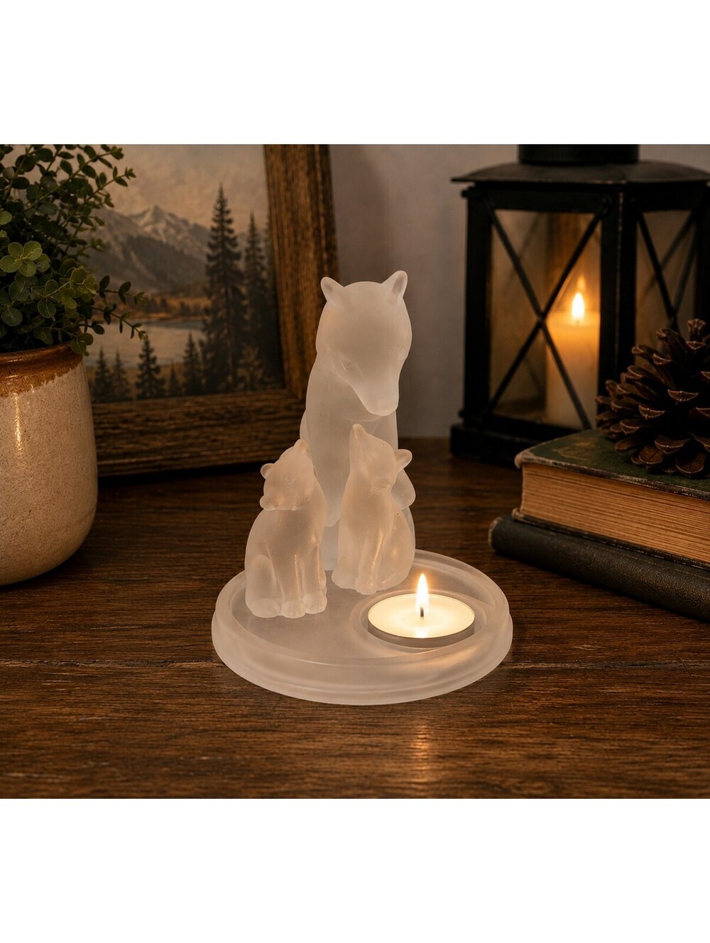 Retired PartyLite Frosted Glass Wolf Family Tealight Candle Holder